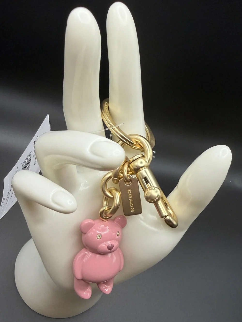 Coach Pink Bear Charm Key Ring with Gold Hardware